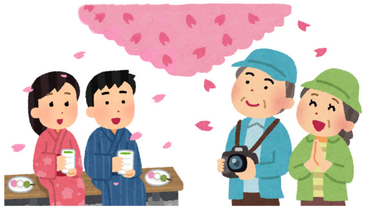 桜のお花見を楽しんでいる若いカップルとシニアカップルのイラスト